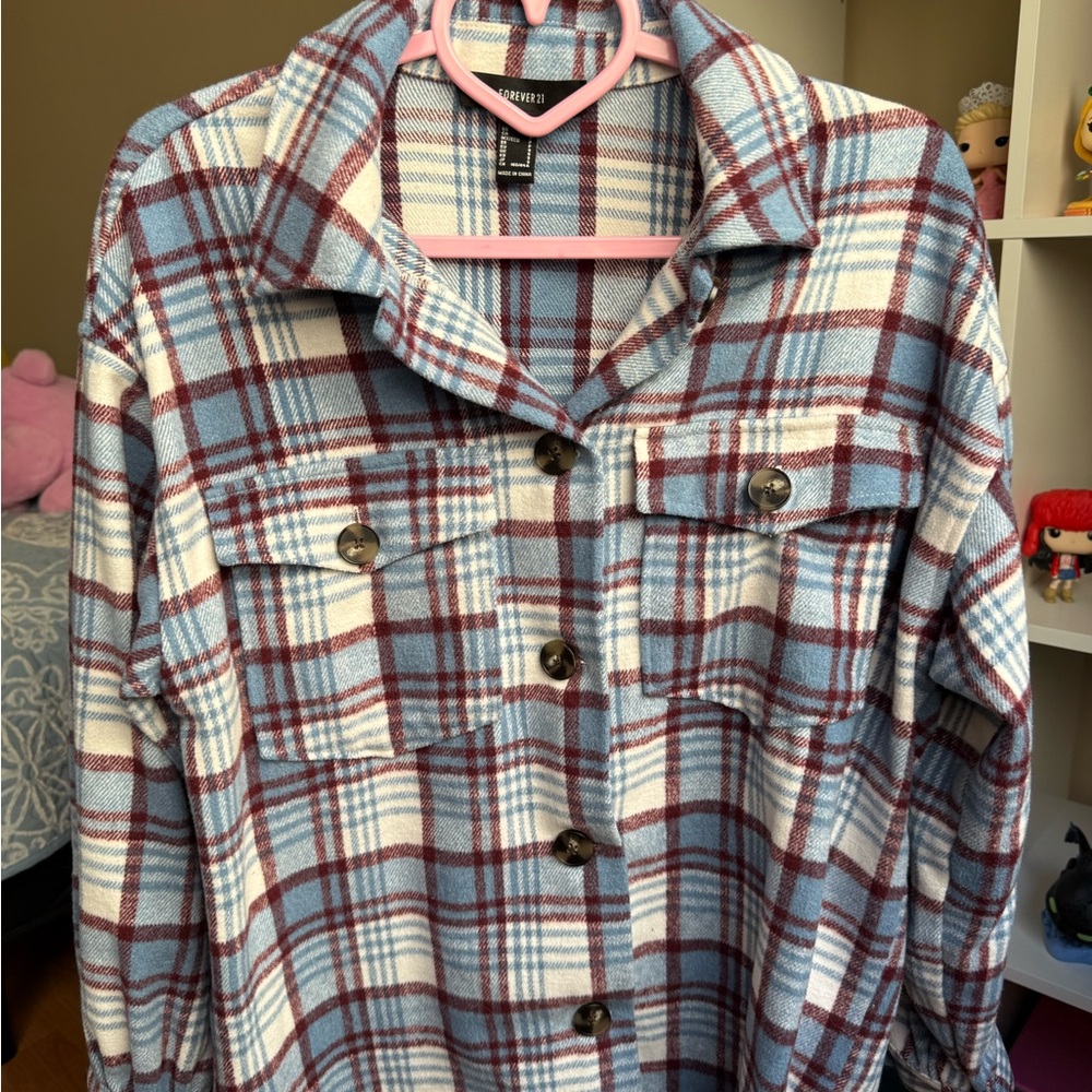 Forever 21 Plaid Button-Up Shirt Jacket Blue Burgundy Size S